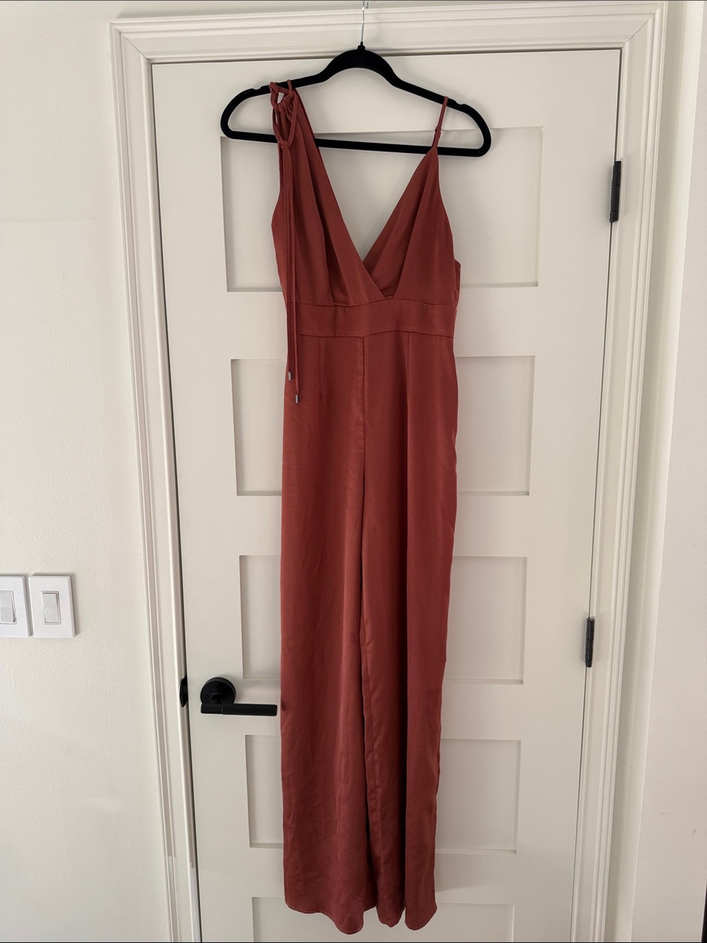 Lulu's Rust Red One-Shoulder Jumpsuit